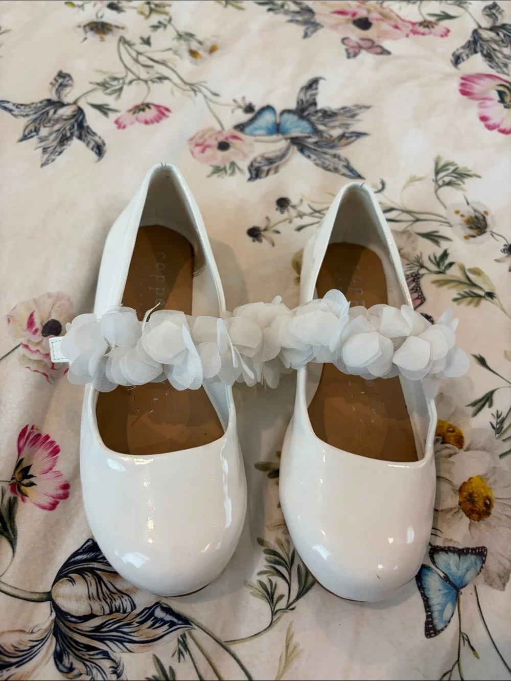 Girls' White Faux Patent Mary Jane Flats with Floral Strap